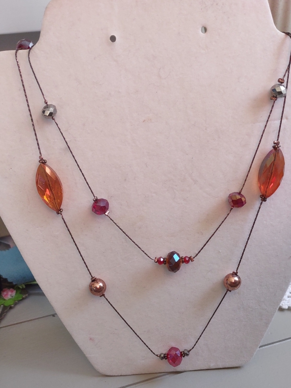 Antique Gold Two-tier Orange Iridescent Rose Gold Bead Vintage Necklace